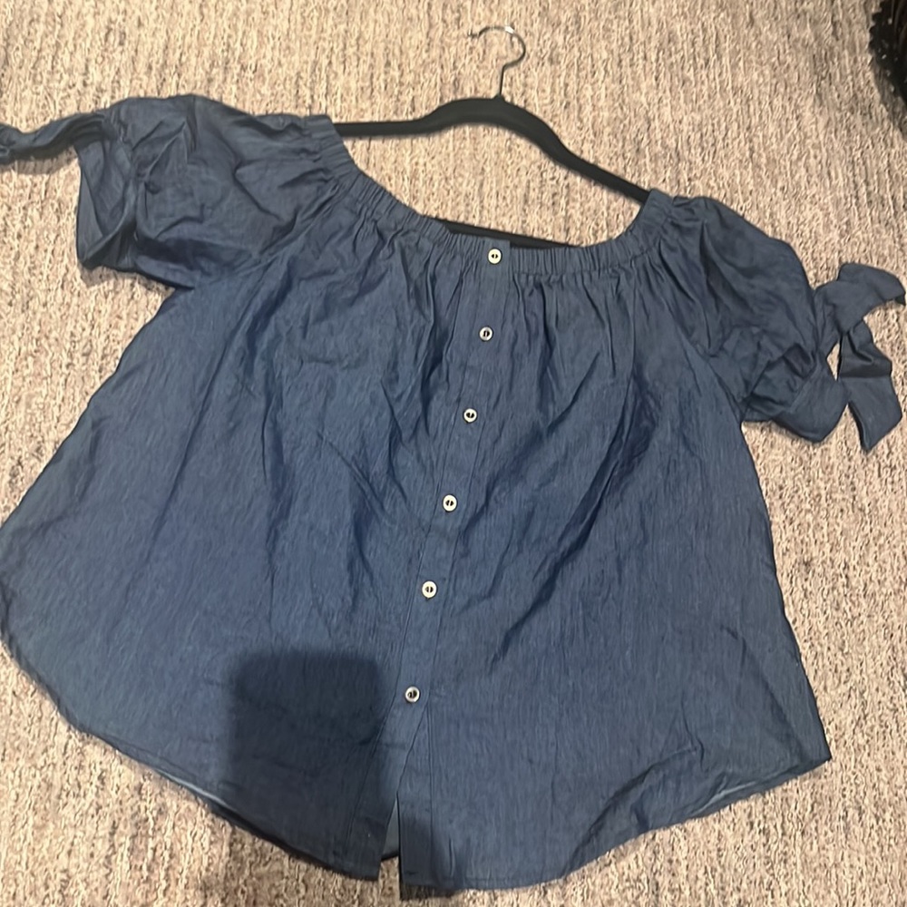 NWOT AGACI dark denim off shoulder button blouse